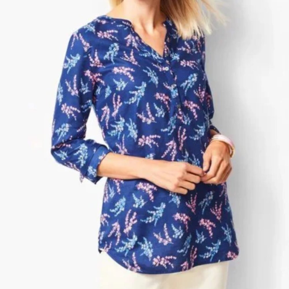 Talbots Navy Floral Popover Blouse